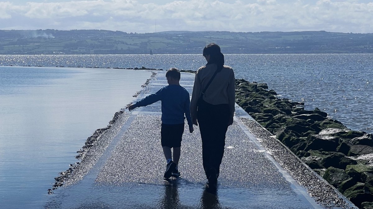 Mum and son on a walk in Wirral.