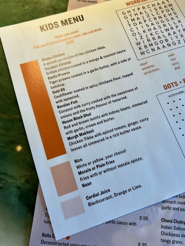 Kids menu in Chaat in West Kirby.