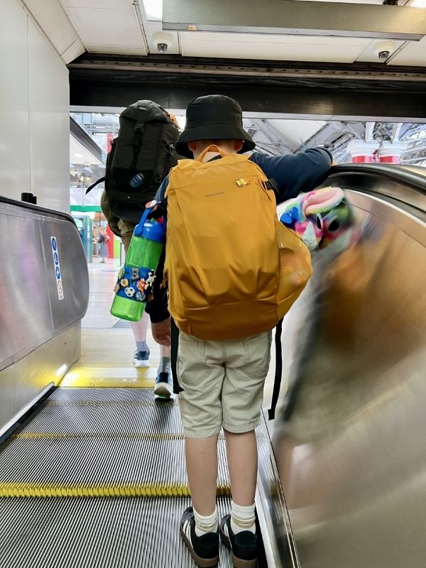 Little boy wearing a backpack.